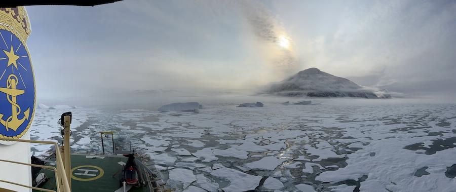 View from the deck of the Swedish icebreaker ODEN navigating the icy Victoria Fjord in North Greenland